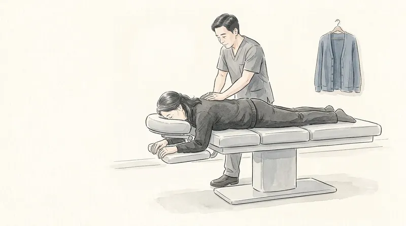 Patient lying face down on an adjusting table while the chiropractor places his hands on her upper back