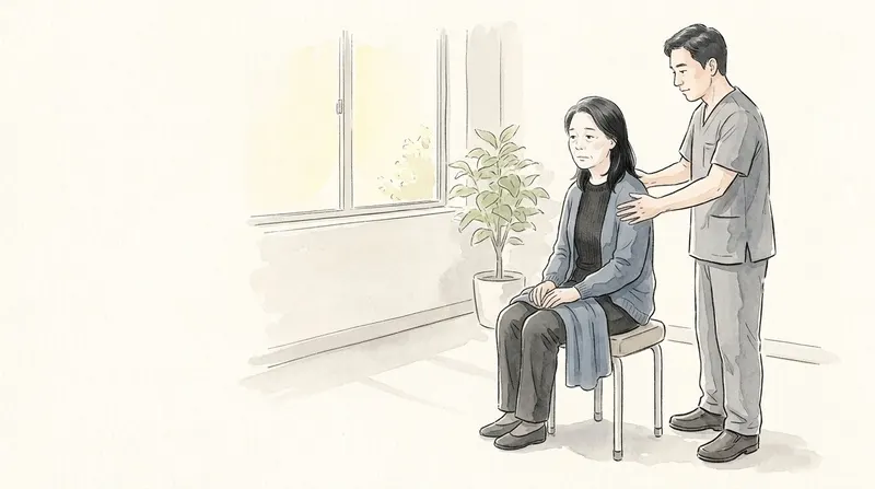 Chiropractor resting his hands on a seated patient's upper back