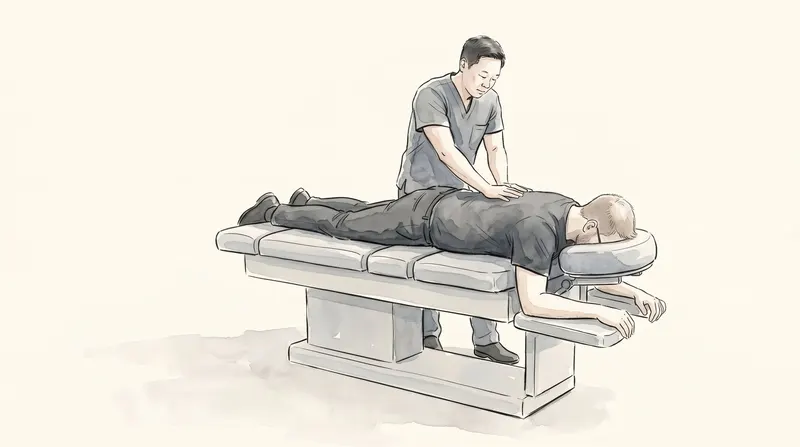 Patient lying face down on an adjusting table while the chiropractor places his hands on the mid-back