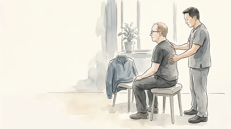 Chiropractor resting his hands on a seated patient's mid-back
