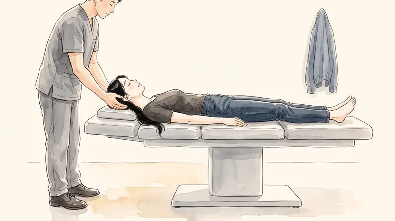 Chiropractor gently cradling the back of a patient's head as she lies face up